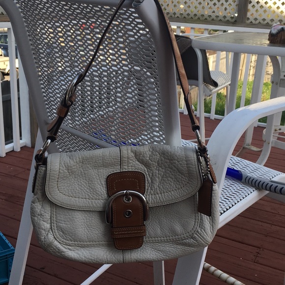 Coach White Textured Leather Brown Trim Handbag - Picture 15 of 15